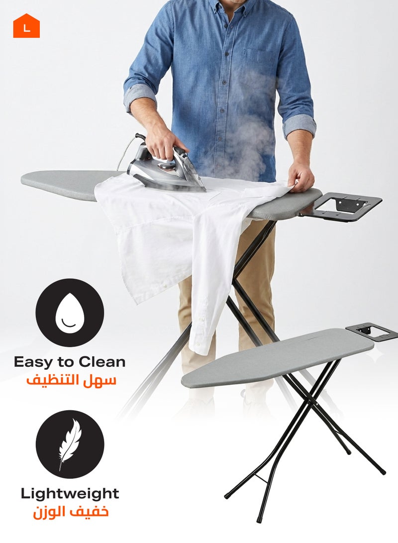 لوازم طاولة كي مع حامل للمكواة - مقاس 13×43 إنش - سطح مبطن ومقاوم للحرارة - هيكل خفيف باللون الأسود مع غطاء رمادي - مناسبة للمساحات الصغيرة والشقق وغرف الغسيل والخزائن - Image 4